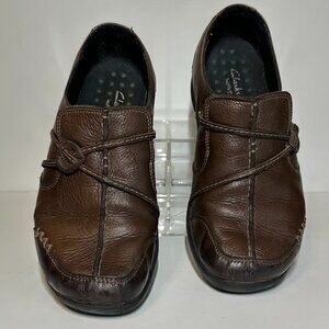 Clarks Wave Comfort Shoes Women's Sz 7.5M Brown Leather Slip On Round Toe